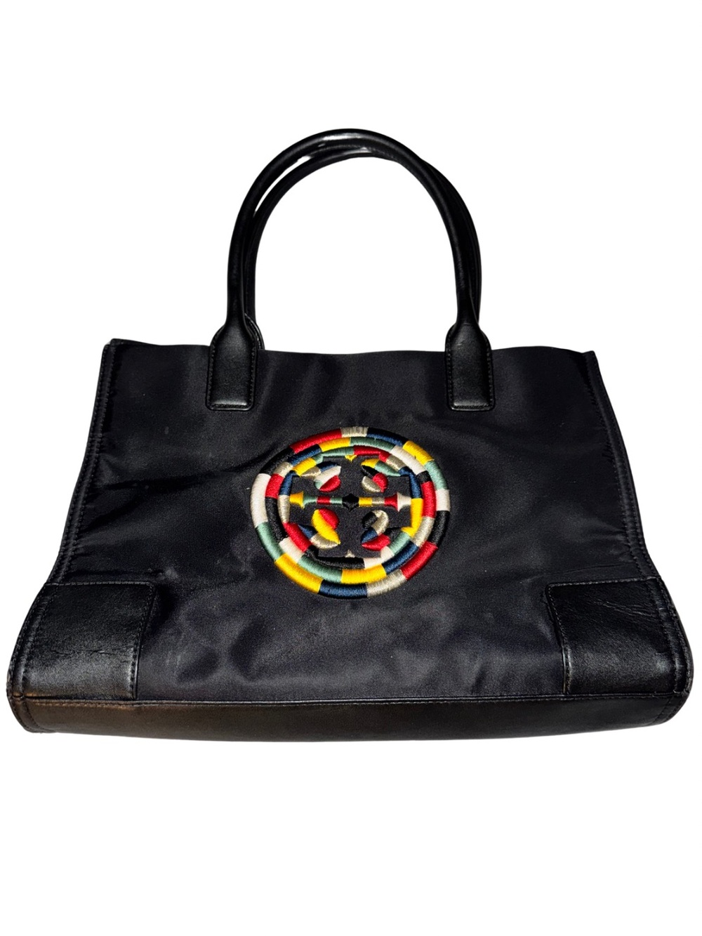 Tory Burch Black Tote with Multicolor Embroidered Logo Medallion